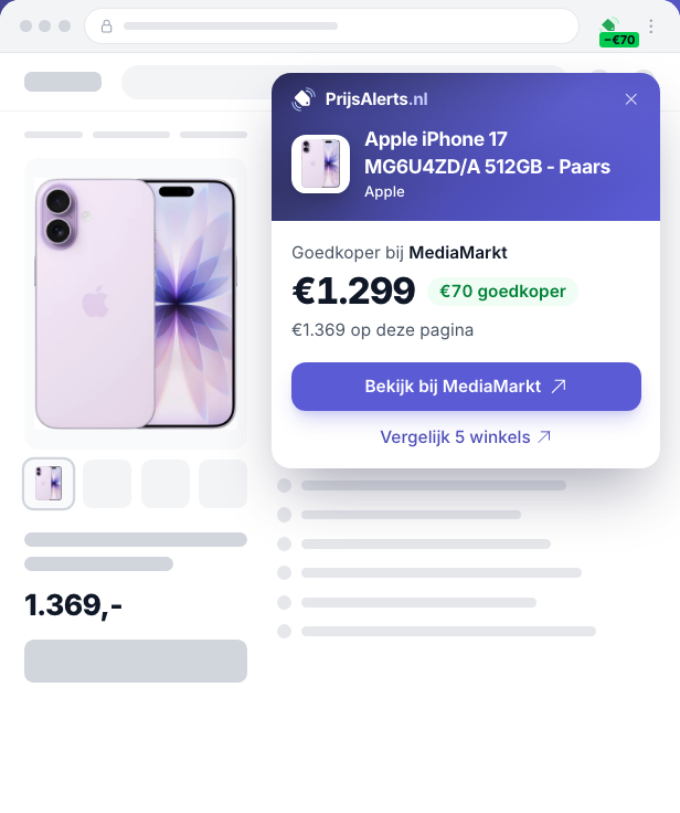 De PrijsAlerts-melding rechtsboven op een productpagina: de iPhone 17 is 70 euro goedkoper bij MediaMarkt