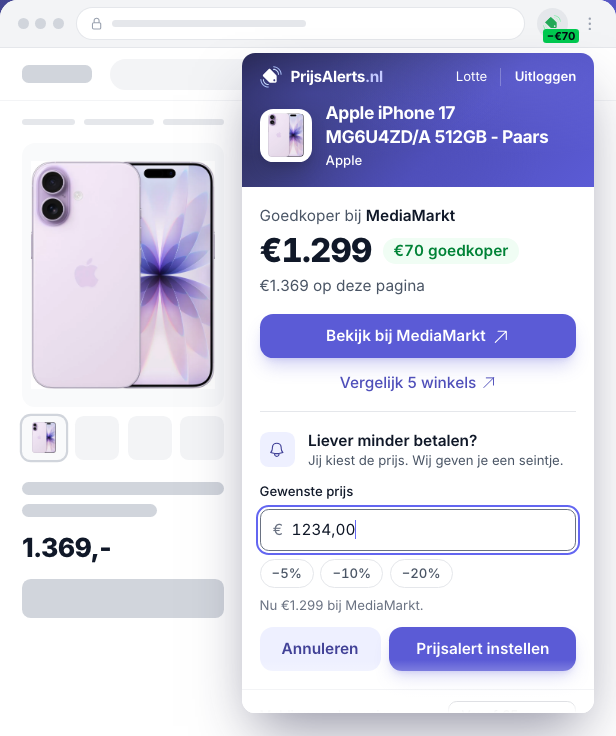 Het alertformulier in de popup met het veld Gewenste prijs en de snelkeuzes −5%, −10% en −20%