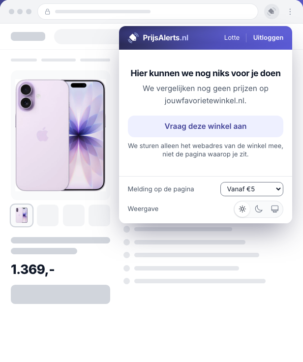 De popup op een nog niet ondersteunde winkel met de knop Vraag deze winkel aan